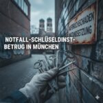 Create an image using a blue collar and locksmith style (minimal overlay) with the prompt below: "Notfall-Schlüsseldienst-Betrug in München"